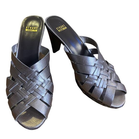 Stuart Weitzman Metallic Basket Weave Studded Mule Slide On Heel Sandal 7.5/8 - Picture 1 of 12